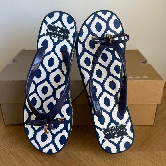 Kate Spade Platform Navy/White Women Flip Flops Sandals - SZ 8 - Picture 3 of 14